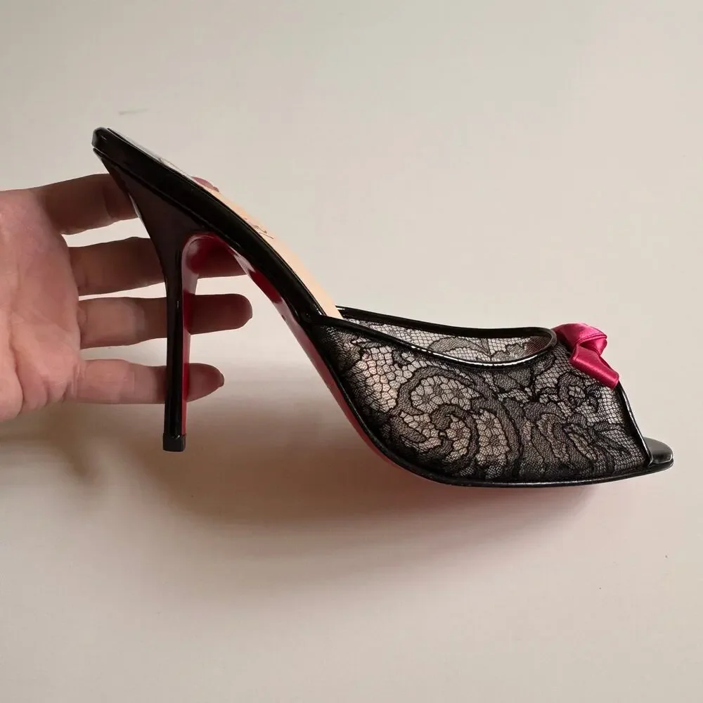 Christian Louboutin Black Lace Pink Accent Bow Peep Toe Mule Slide Size 39 US 9